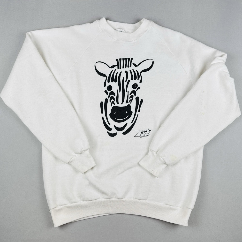 Vintage 80s Zebra Zippity Zoo Crewneck Sweatshirt Nature USA Made XL White